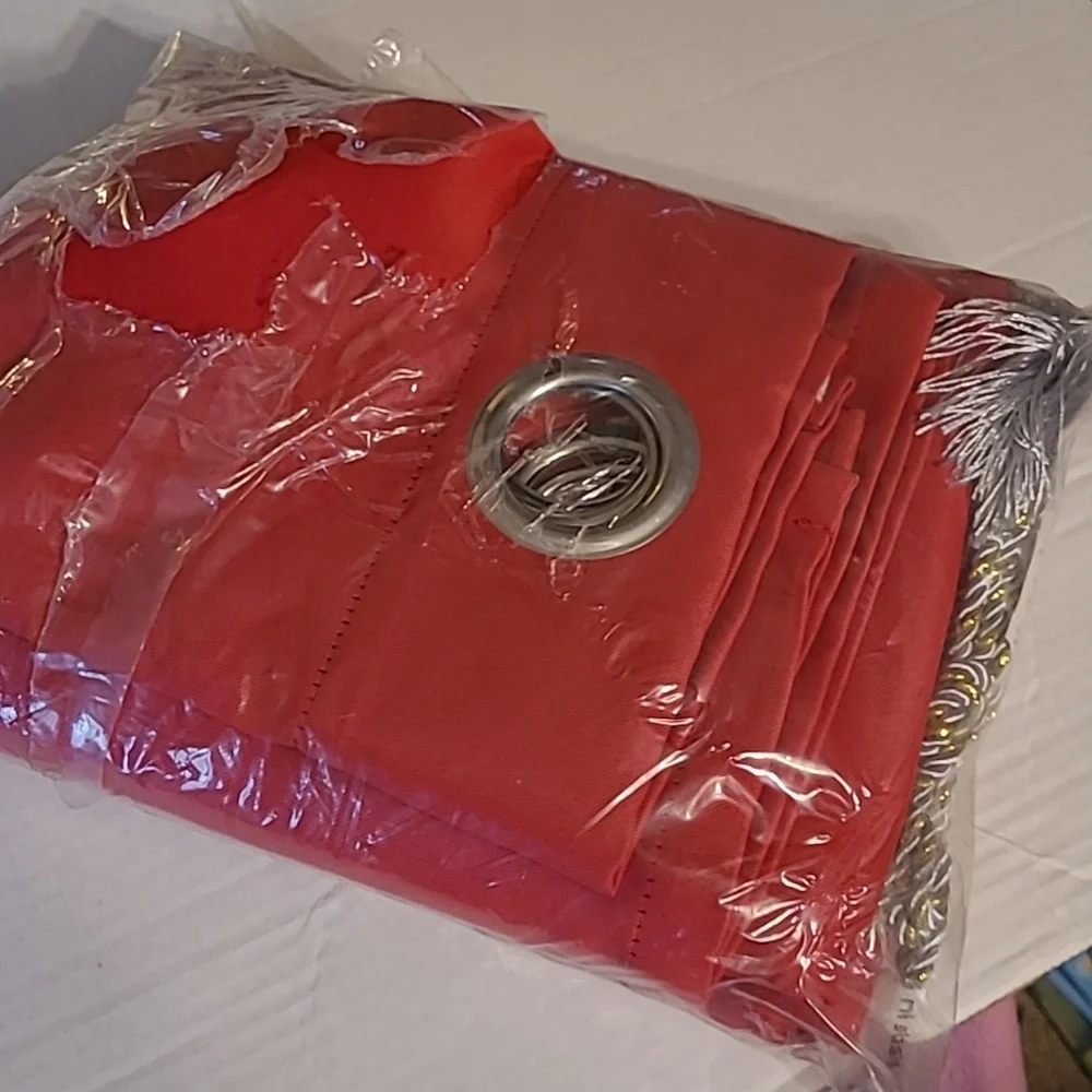 New in packaging!  Set of 2 red curtain panels silver & gold accents tassels